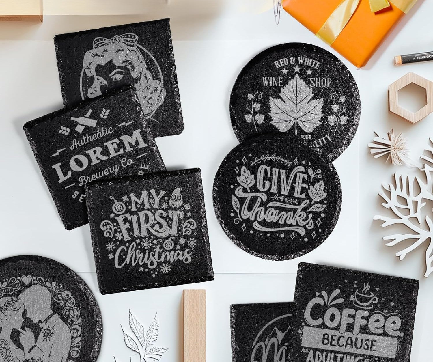 Custom Laser Engraved Slate Coasters (Set of 4)