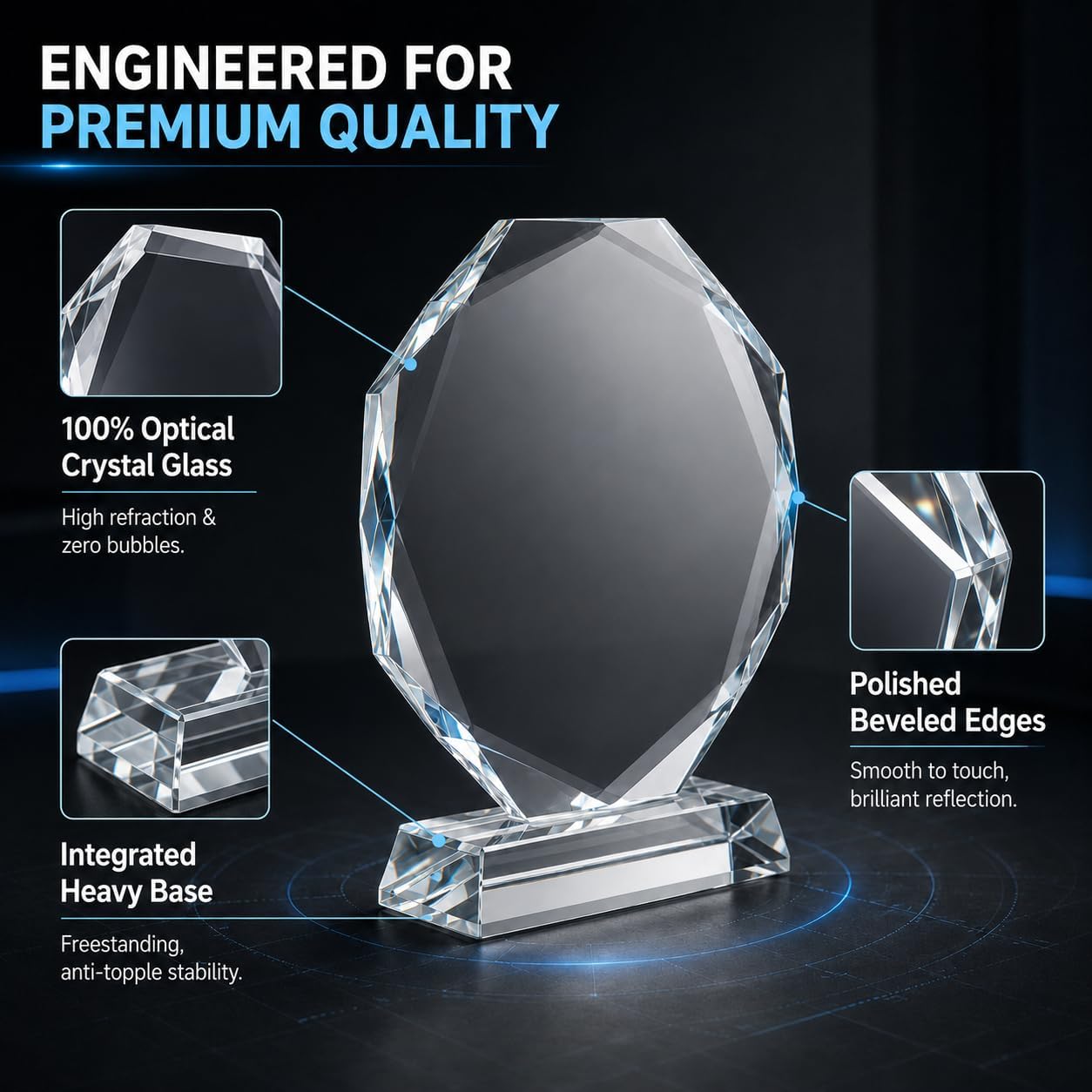 Custom Laser Engraved Crystal Glass Award with Base