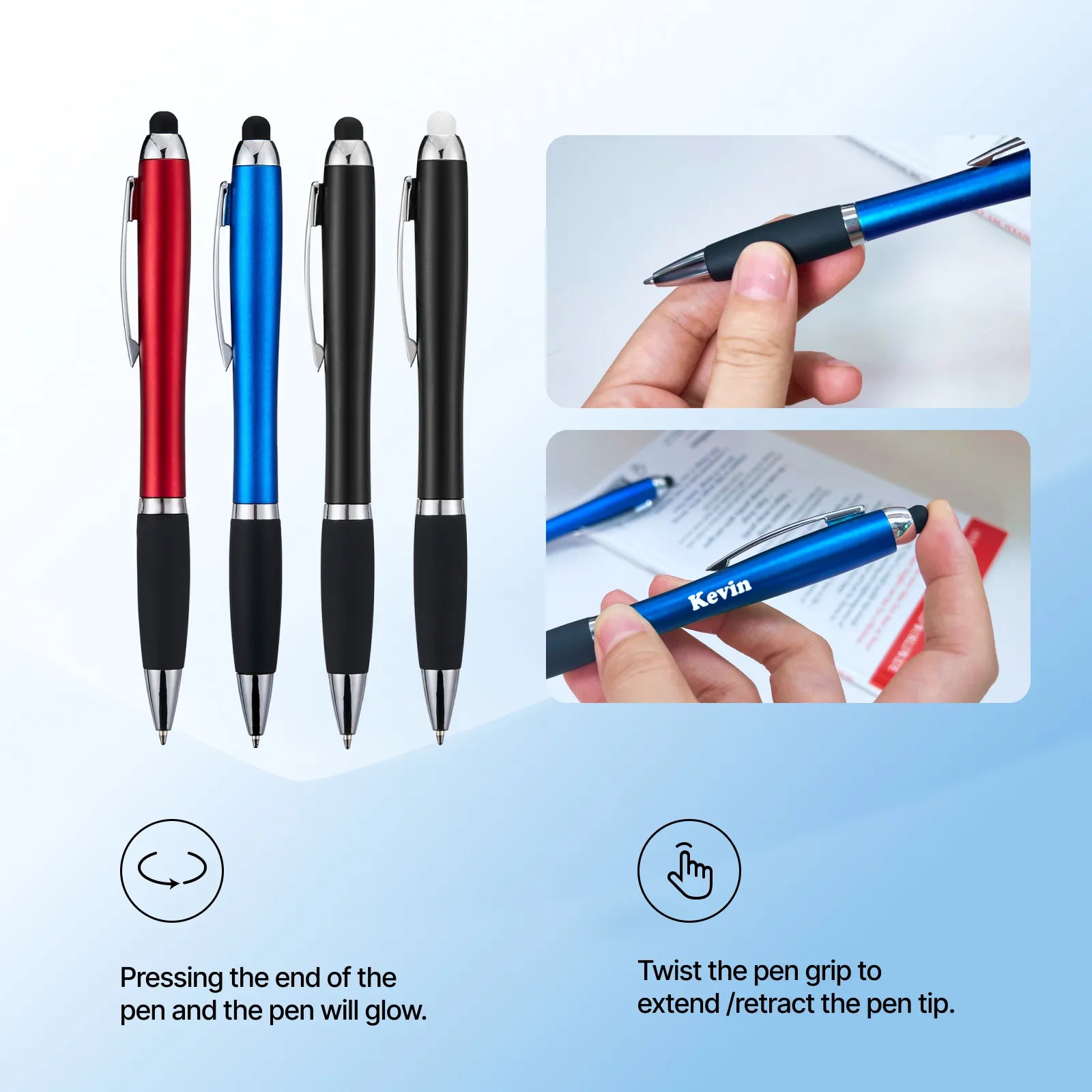 Custom Engraved LED Light-Up Stylus Pens (White Glow) — Pack of 5