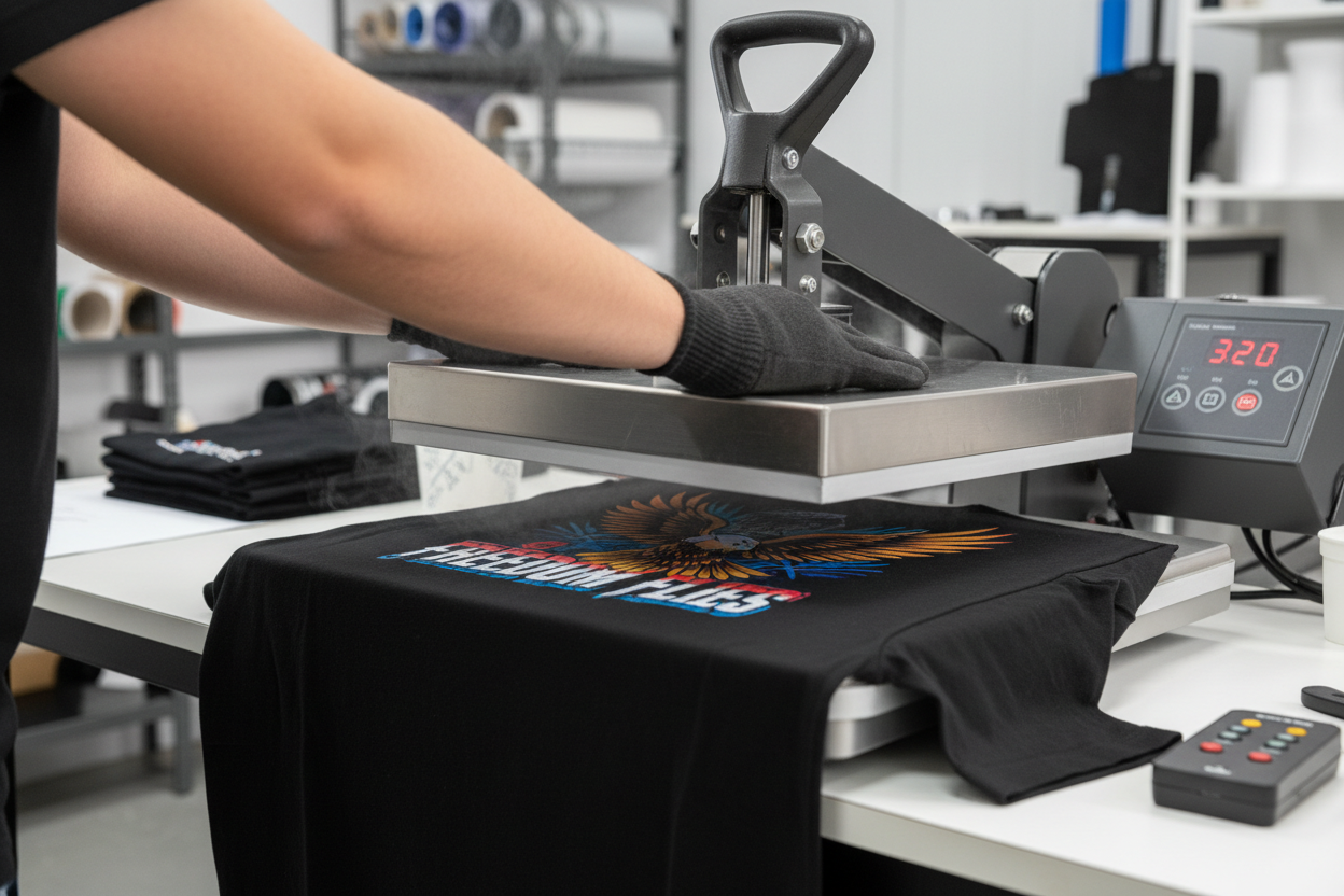 Heat press application of DTF transfer onto black t-shirt at 320 degrees in professional print shop
