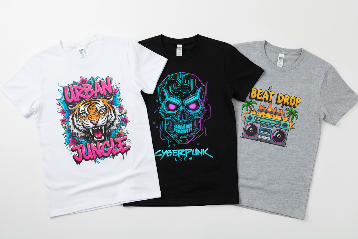 Finished DTF heat transfer prints on white black and gray t-shirts showing vibrant full color results